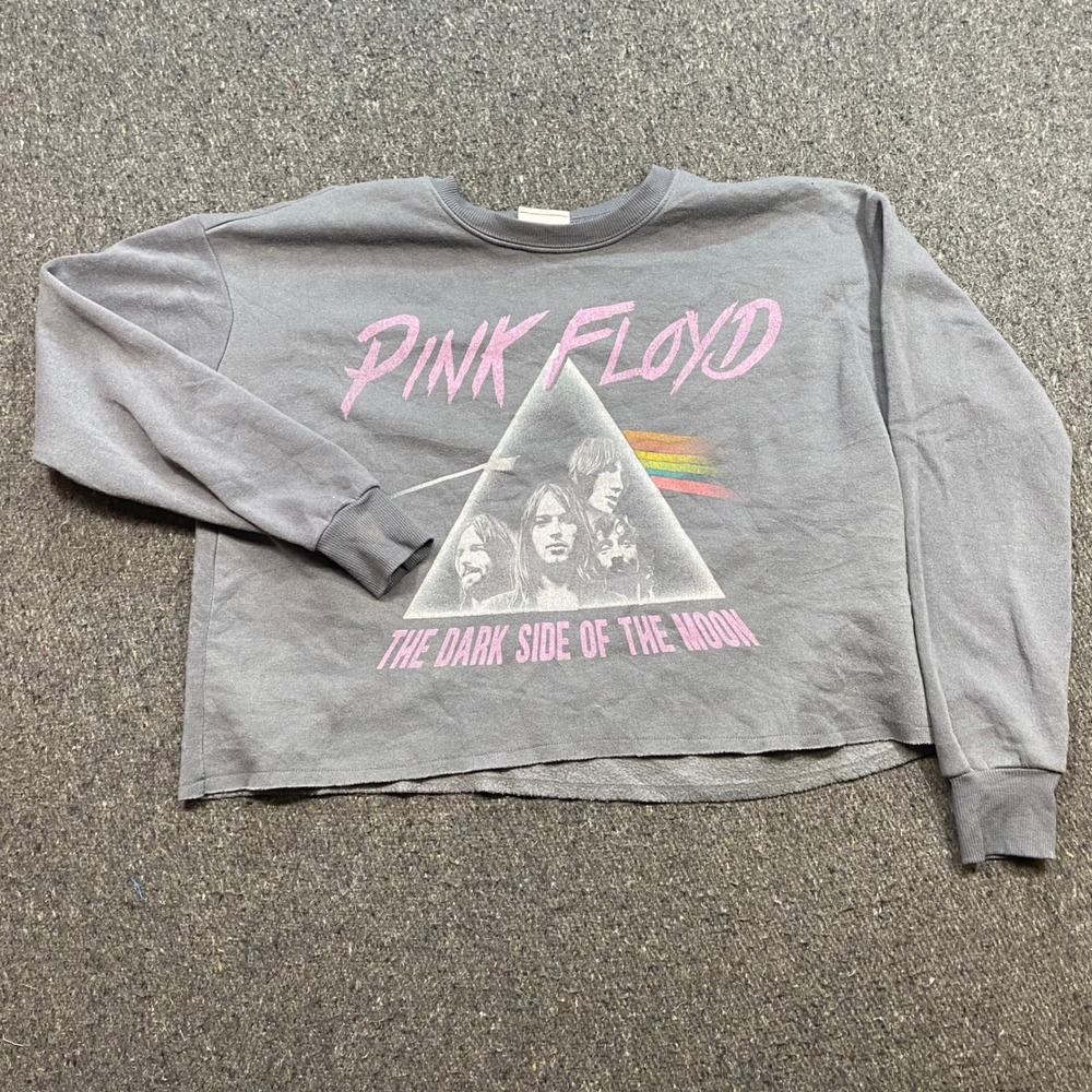 Pink Floyd Sweatshirt Sz XS Womens Grey Grunge Dark Side of the Moon Raw Hem Top